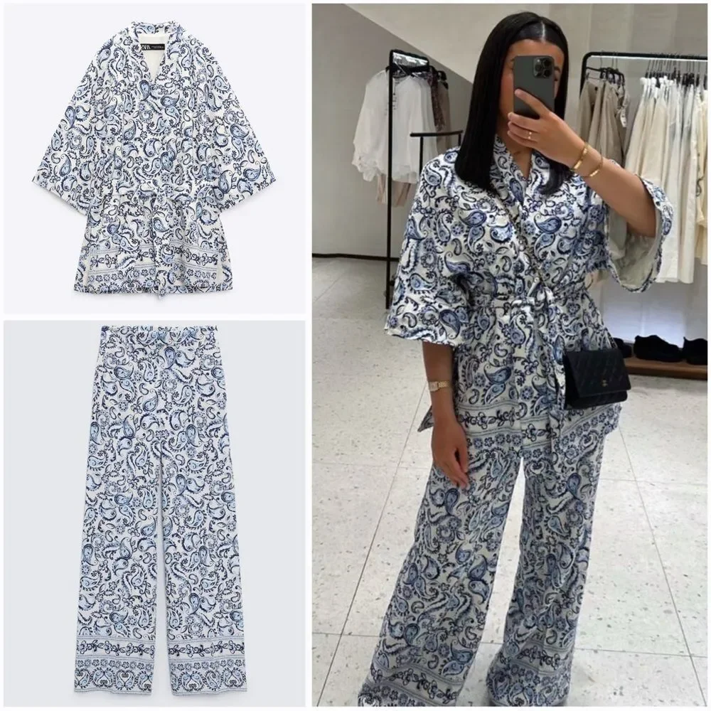 Zara Linen Blend Co-Ord Set Printed Pants And Kimono New
